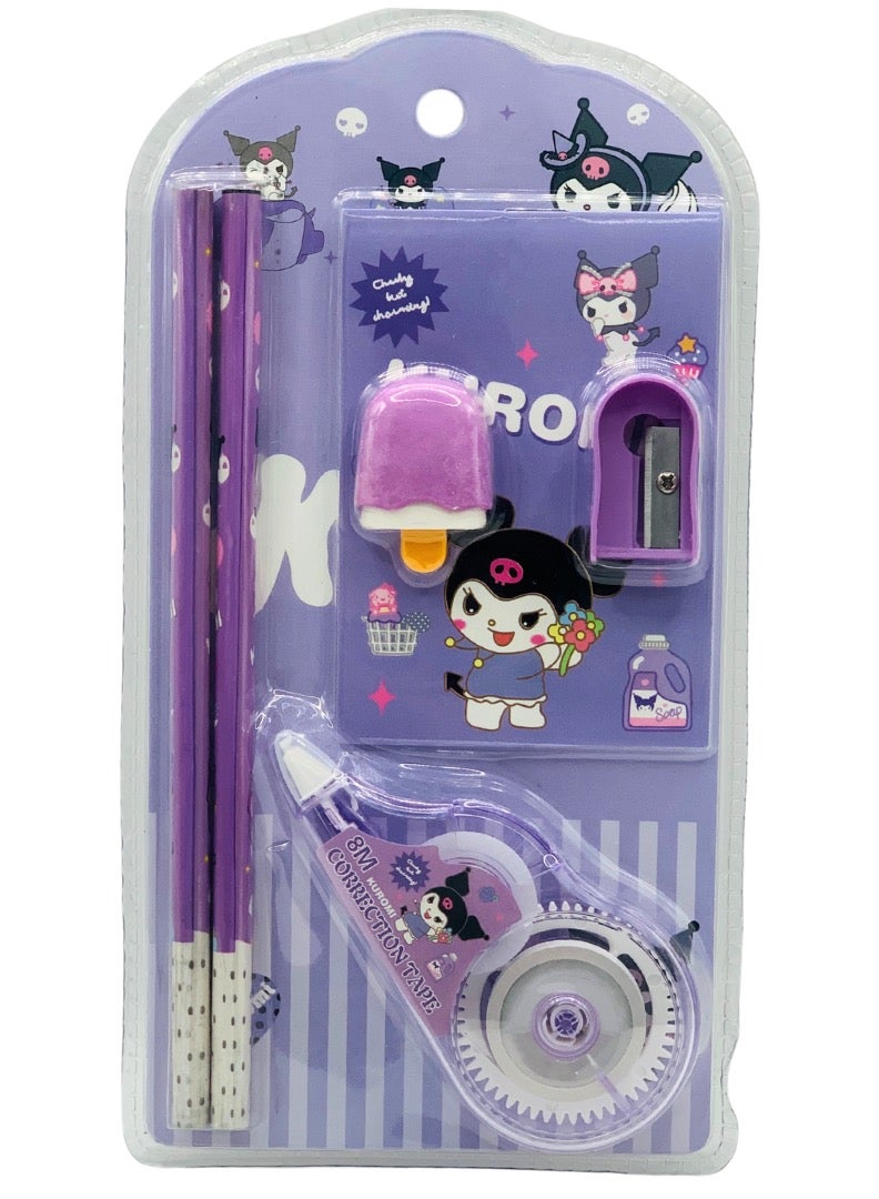 Kuromi-Themed Kids Stationery Set – 2 Pencils, 1 Notepad, Ice Cream Bar-Shaped Eraser, Sharpener & Correction Tape – Purple Writing and Drawing Kit - Image 1