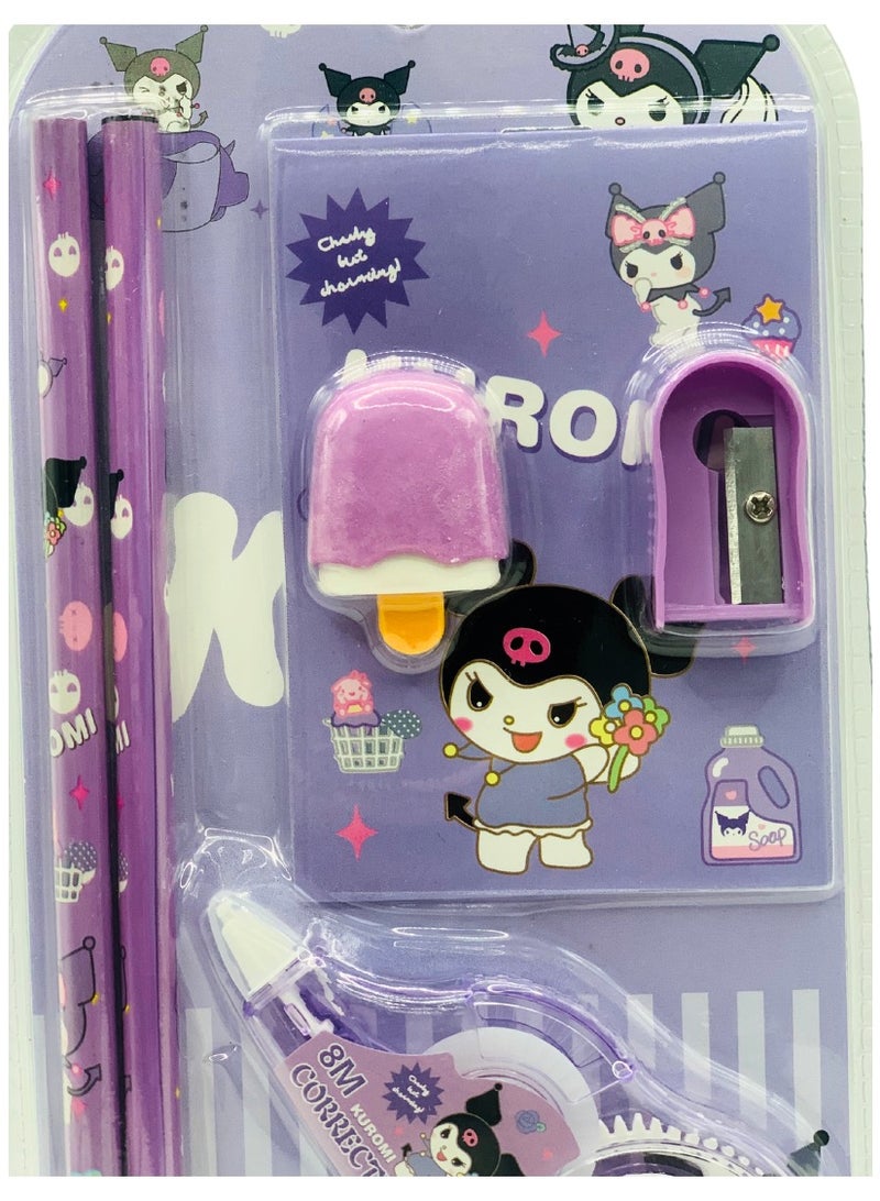 Kuromi-Themed Kids Stationery Set – 2 Pencils, 1 Notepad, Ice Cream Bar-Shaped Eraser, Sharpener & Correction Tape – Purple Writing and Drawing Kit - Image 3