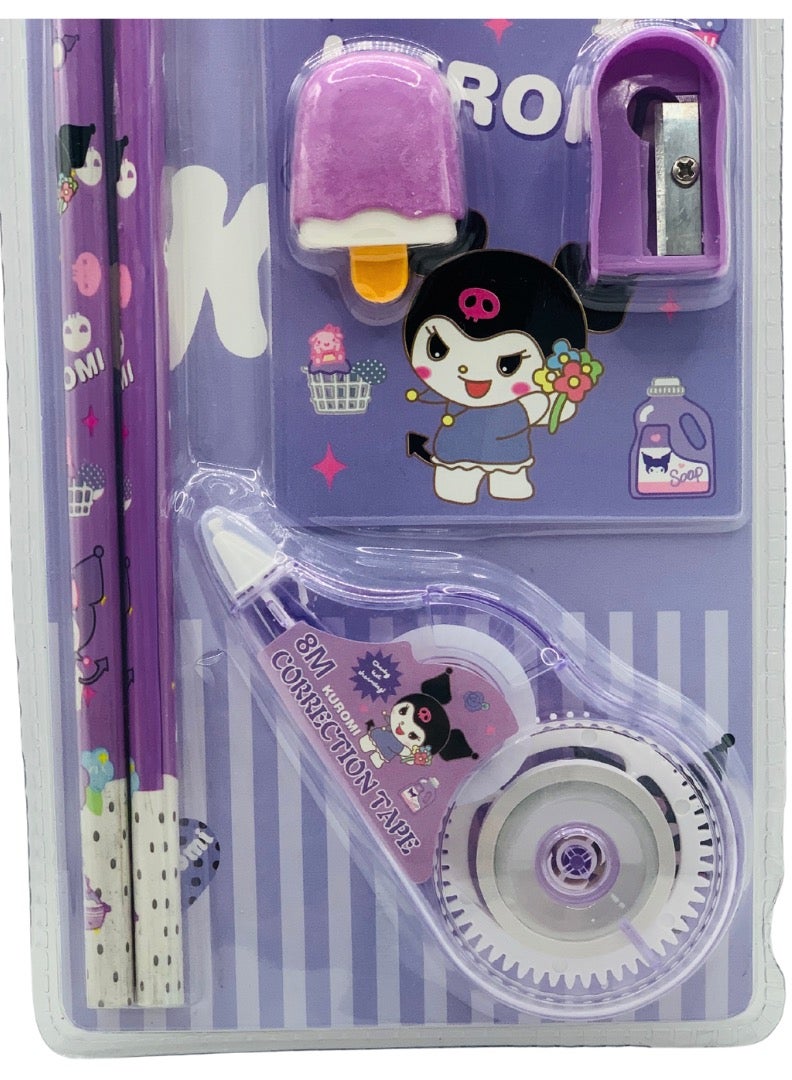 Kuromi-Themed Kids Stationery Set – 2 Pencils, 1 Notepad, Ice Cream Bar-Shaped Eraser, Sharpener & Correction Tape – Purple Writing and Drawing Kit - Image 4