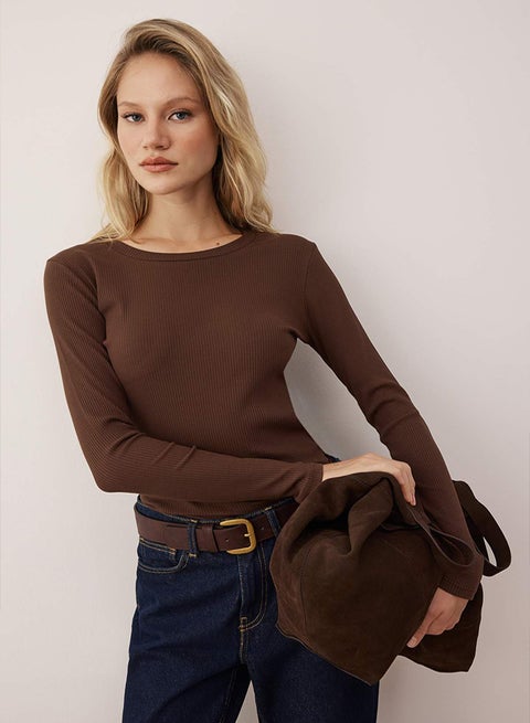 Brown Twill Stretchy Long Sleeve Crew Neck Knitted Blouse