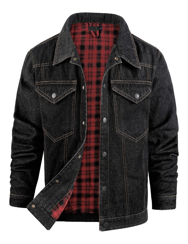 PEHMEA Mens Lined Flannel Denim Stylish Cowboy Trucker Coat Snap Button Rugged Western Shirts JacketsBlackL
