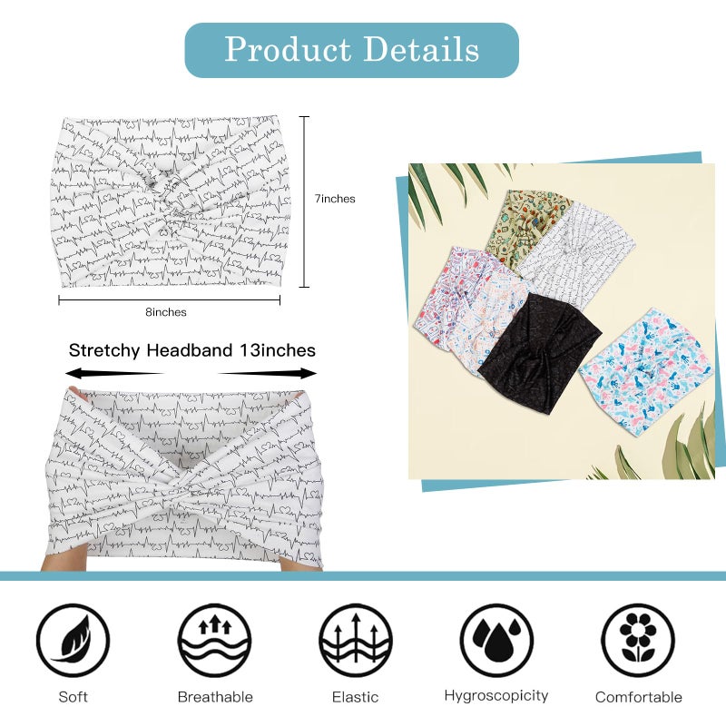 Tobeffect Extra Wide Turban Headbands for Women, 7'' Large Wide Headband for Nursing Cute Printed Nurse Head Bands Twisted Knotted Hairbands Non Slip Cloth Headbands for Women Hair Accessories 6 Pack - Image 3