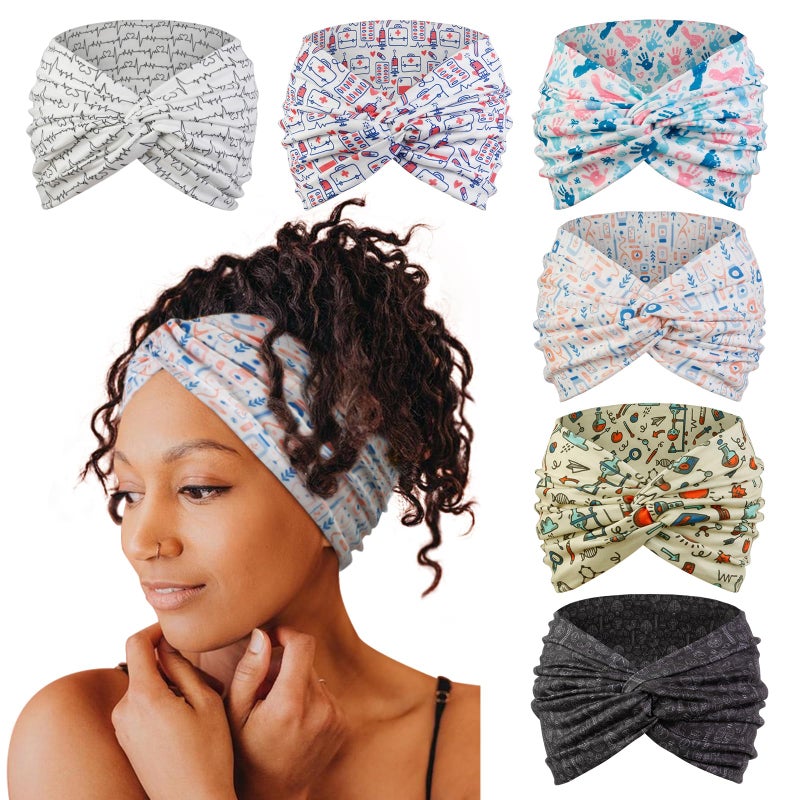 Tobeffect Extra Wide Turban Headbands for Women, 7'' Large Wide Headband for Nursing Cute Printed Nurse Head Bands Twisted Knotted Hairbands Non Slip Cloth Headbands for Women Hair Accessories 6 Pack - Image 1