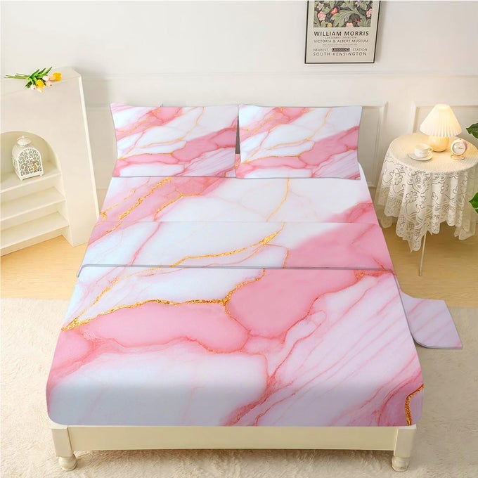 PINK MARBLE SHEETS SET TWIN SIZE AESTHETIC MARBLING BEDDING FOR KIDS GIRLS TEENS BEDROOM BED 1 FLAT SHEET 1 FITTED SHEET 1 PILLOWCASE