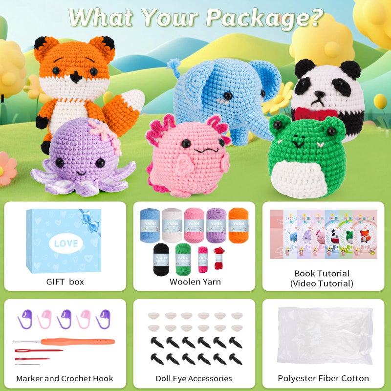Gerute Crochet Kit for Beginners Adults Kids, Learn to Crochet with Step-by-Step Video Tutorials & Illustrated Guide, 40% More Yarn for 6 DIY Amigurumi Animal Projects, Complete Starter Supplies - Image 2