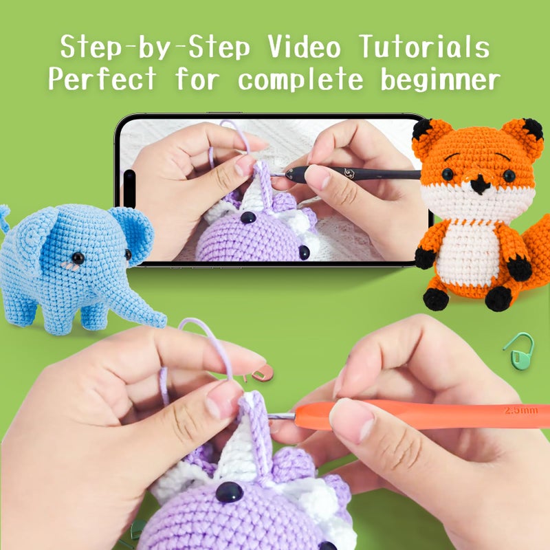 Gerute Crochet Kit for Beginners Adults Kids, Learn to Crochet with Step-by-Step Video Tutorials & Illustrated Guide, 40% More Yarn for 6 DIY Amigurumi Animal Projects, Complete Starter Supplies - Image 3