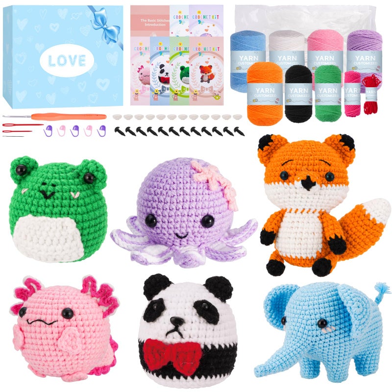 Gerute Crochet Kit for Beginners Adults Kids, Learn to Crochet with Step-by-Step Video Tutorials & Illustrated Guide, 40% More Yarn for 6 DIY Amigurumi Animal Projects, Complete Starter Supplies - Image 1