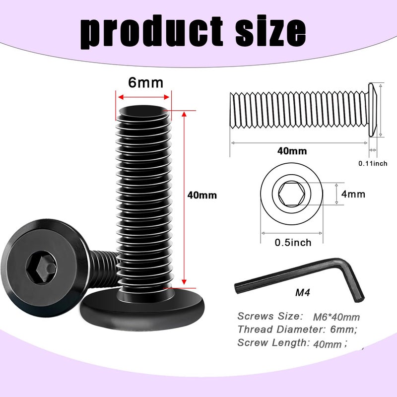 Taiss 20pcs M6 x 40mm Flat Head Socket Head Screw Furniture Bolts,Furniture Screws Stainless Steel 18-8(304),M6 Bolts Black Zinc Plated Fully Threaded,Countersunk Connector M6 Screws with Hex Spanner - Image 2