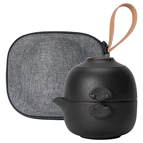 HEER Chinese Travel Gaiwan Tea Set for One, Ceramic Small Kungfu Teapot with Teacup for Adults, Black Japanese Style Tea Accessories Birthday Gift for Tea Lovers. - Image 1