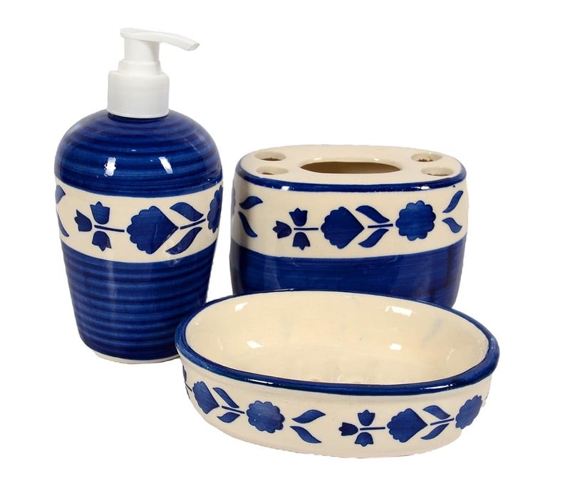 Skywalk Hand Painted Ceramic Bathroom Set of 3 Pcs - Liquid Soap Dispenser, Soap Dish and Brush Holder for Bathroom Décor and Home Gift Set SWKA-1171