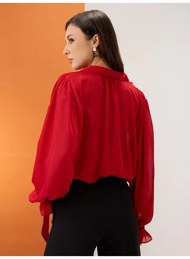 globus Globus Women Red Collared Neck Tie Detail Bishop Sleeves Chiffon Party Shirt