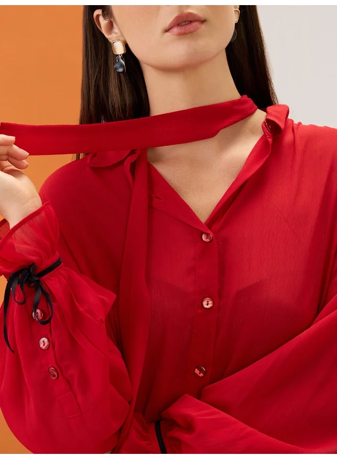 globus Globus Women Red Collared Neck Tie Detail Bishop Sleeves Chiffon Party Shirt