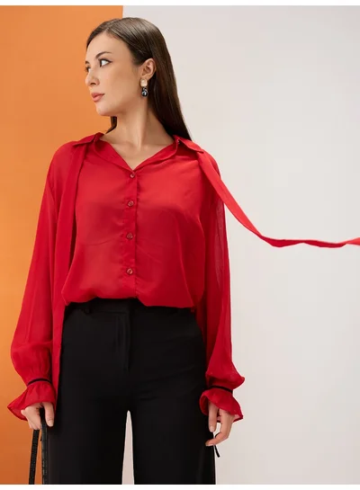 globus Globus Women Red Collared Neck Tie Detail Bishop Sleeves Chiffon Party Shirt