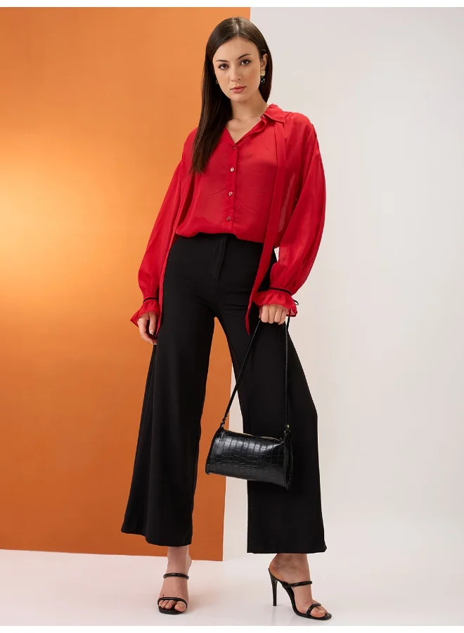 globus Globus Women Red Collared Neck Tie Detail Bishop Sleeves Chiffon Party Shirt