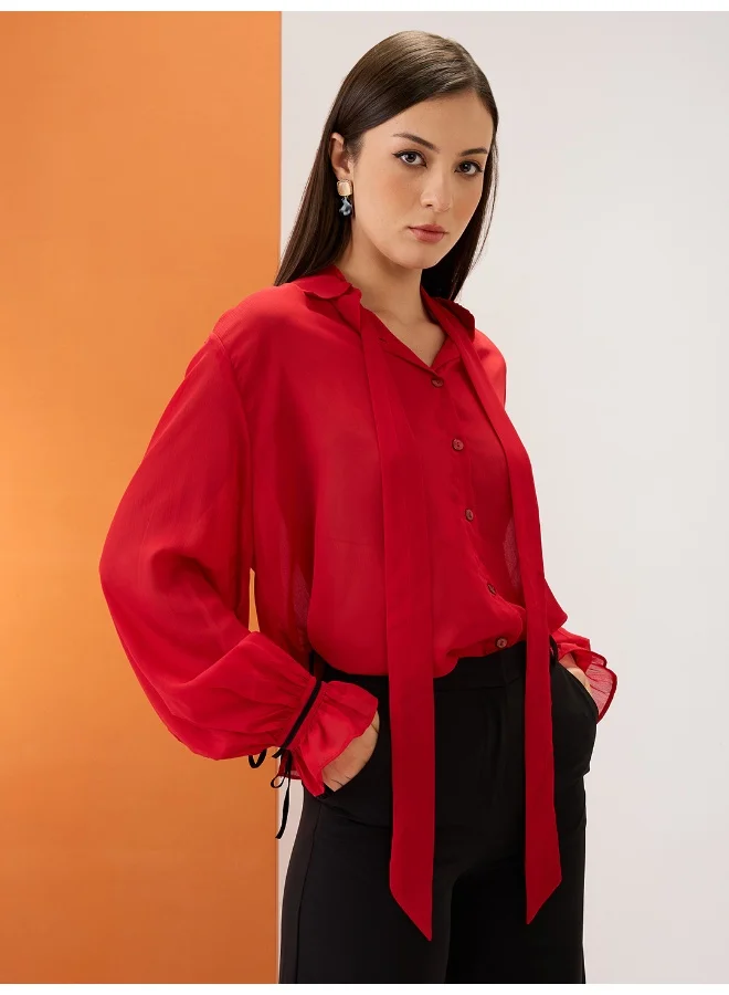 globus Globus Women Red Collared Neck Tie Detail Bishop Sleeves Chiffon Party Shirt