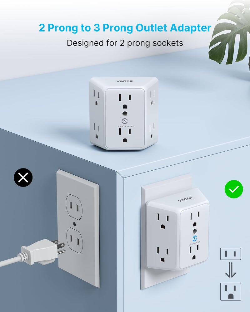 VINTAR 2 Prong to 3 Prong Outlet Adapter, 3 Sided 6 Outlet Widely Spaced Extender, Polarized Plug, 2 Prong Power Strip, 900J Wall Charger Surge Protector, Mountable Wall Tap for Non Grounded Outlets - Image 2