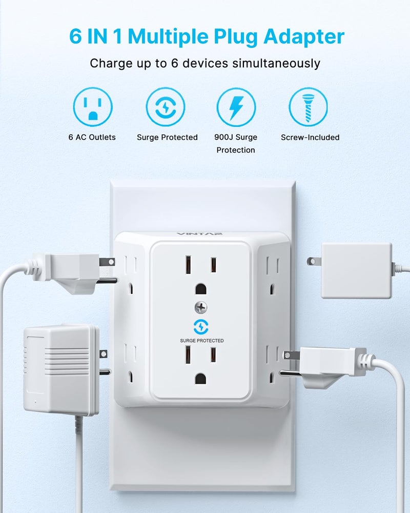 VINTAR 2 Prong to 3 Prong Outlet Adapter, 3 Sided 6 Outlet Widely Spaced Extender, Polarized Plug, 2 Prong Power Strip, 900J Wall Charger Surge Protector, Mountable Wall Tap for Non Grounded Outlets - Image 3