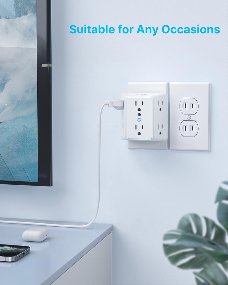 VINTAR 2 Prong to 3 Prong Outlet Adapter, 3 Sided 6 Outlet Widely Spaced Extender, Polarized Plug, 2 Prong Power Strip, 900J Wall Charger Surge Protector, Mountable Wall Tap for Non Grounded Outlets - Image 4