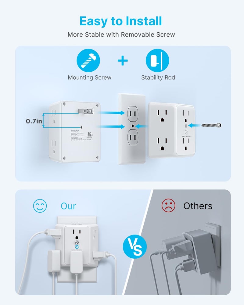 VINTAR 2 Prong to 3 Prong Outlet Adapter, 3 Sided 6 Outlet Widely Spaced Extender, Polarized Plug, 2 Prong Power Strip, 900J Wall Charger Surge Protector, Mountable Wall Tap for Non Grounded Outlets - Image 5