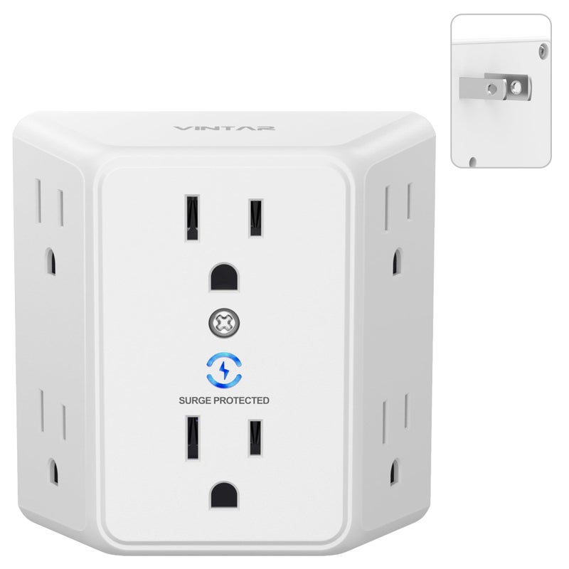 VINTAR 2 Prong to 3 Prong Outlet Adapter, 3 Sided 6 Outlet Widely Spaced Extender, Polarized Plug, 2 Prong Power Strip, 900J Wall Charger Surge Protector, Mountable Wall Tap for Non Grounded Outlets - Image 1