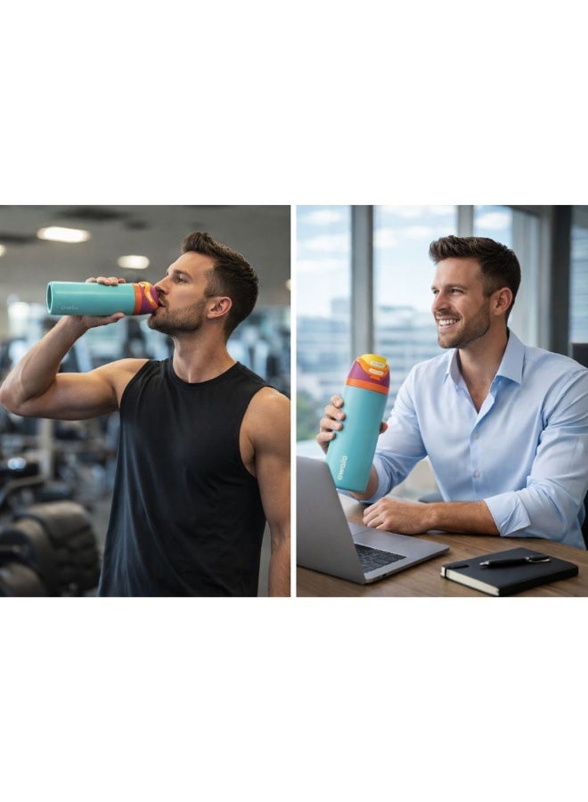 زجاجة مياه أوالا من الفولاذ المقاوم للصدأ، مزودة بماصة بلاستيكية وفولاذية مقاومة للصدأ، وغطاء مانع للتسرب بفتحة واسعة، تصميم سهل الفتح بضغطة واحدة، زجاجة رياضية وسفر قابلة لإعادة الاستخدام، سعة 800 مل، لون أزرق - Image 2