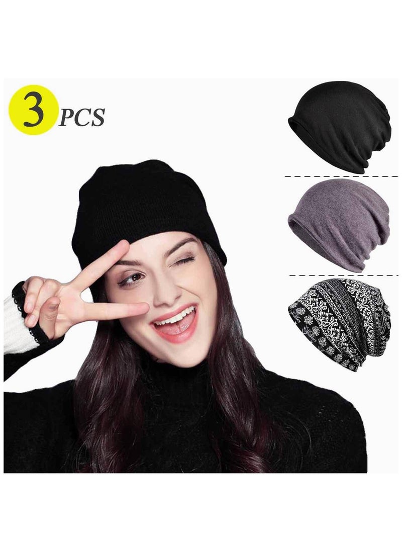 SYOSI - Chemo Caps for Women Dual Purpose Cotton Cap Slouchy Beanies Cancer Patients Sleep Hats Warm Soft Stretchy 3 Pack - Image 1