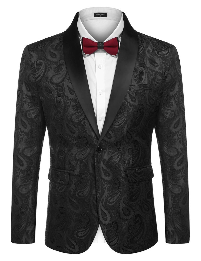 COOFANDY Mens Floral Tuxedo Jacket Paisley Suit Blazer Dinner Prom Jacket Halloween Tuxedo Black - Image 1