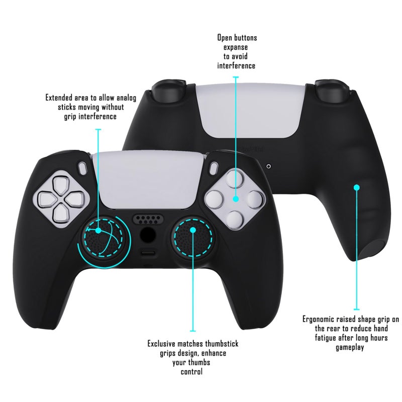 PlayVital Black Pure Series Anti-Slip Silicone Cover Skin for ps5 Controller, Soft Rubber Case for ps5 Wireless Controller with Black Thumb Grip Caps - Image 3