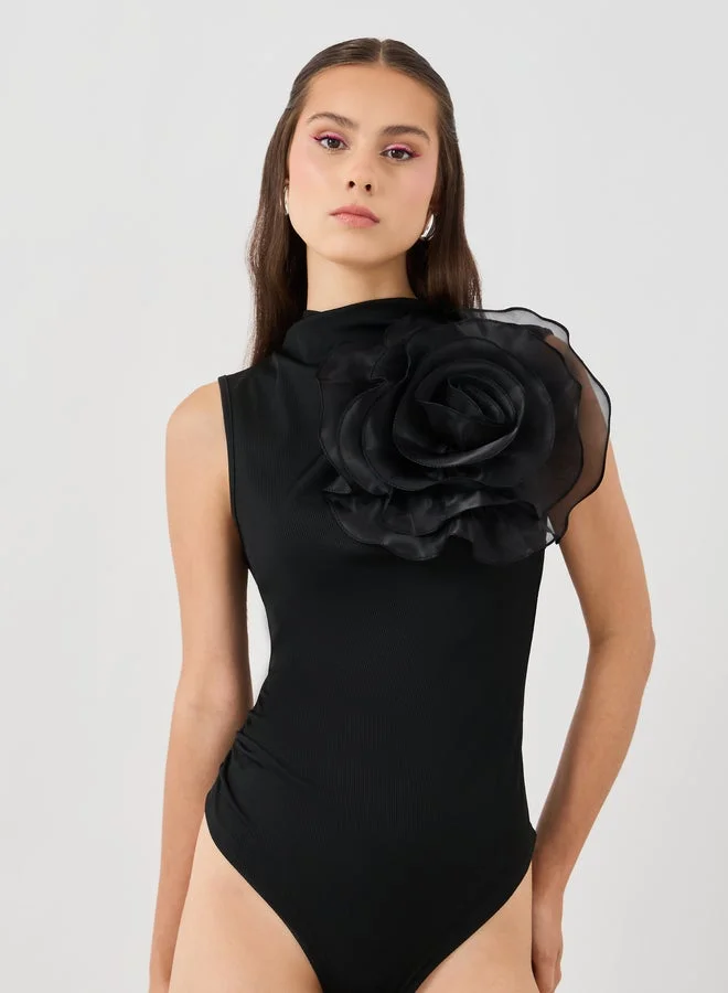 Take Two Solid Sleeveless Top with Flower Corsage Detail