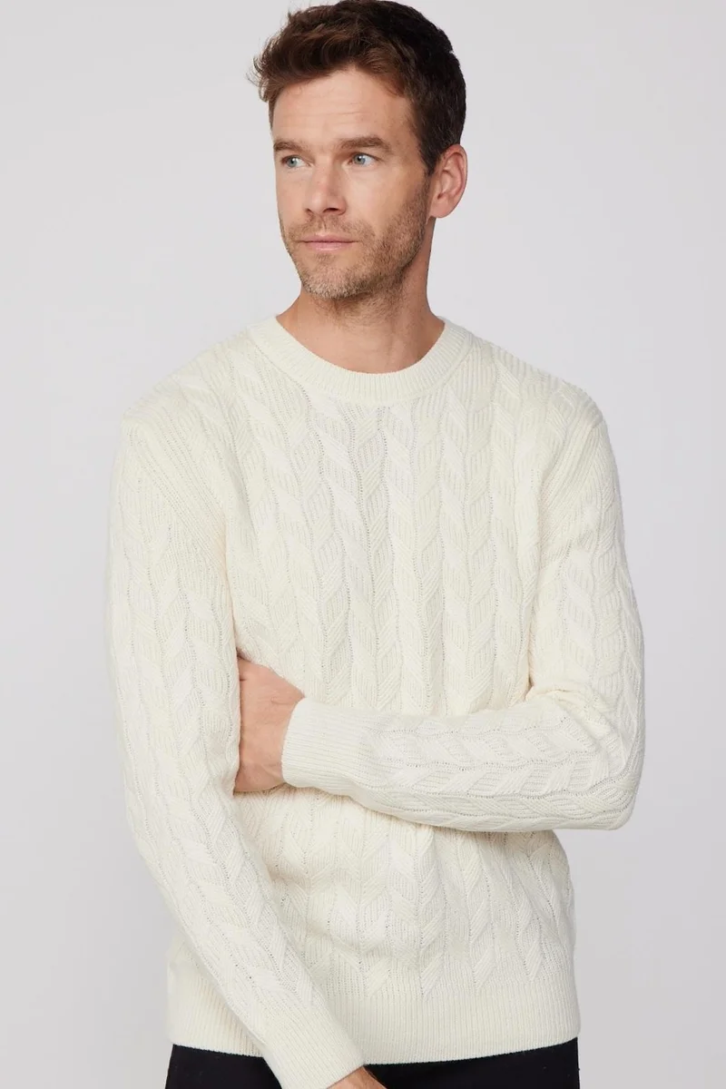 تودورس Slim Fit Crew Neck Patterned Ecru Men's Knitwear Sweater