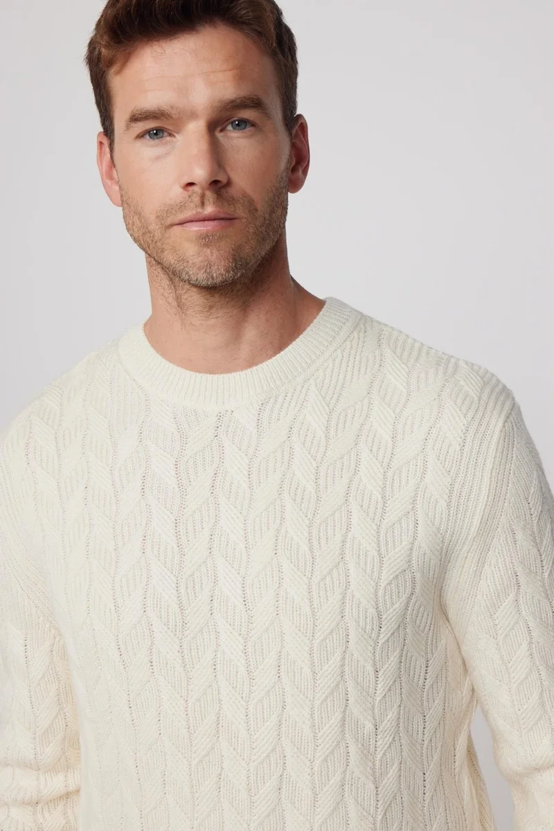 تودورس Slim Fit Crew Neck Patterned Ecru Men's Knitwear Sweater