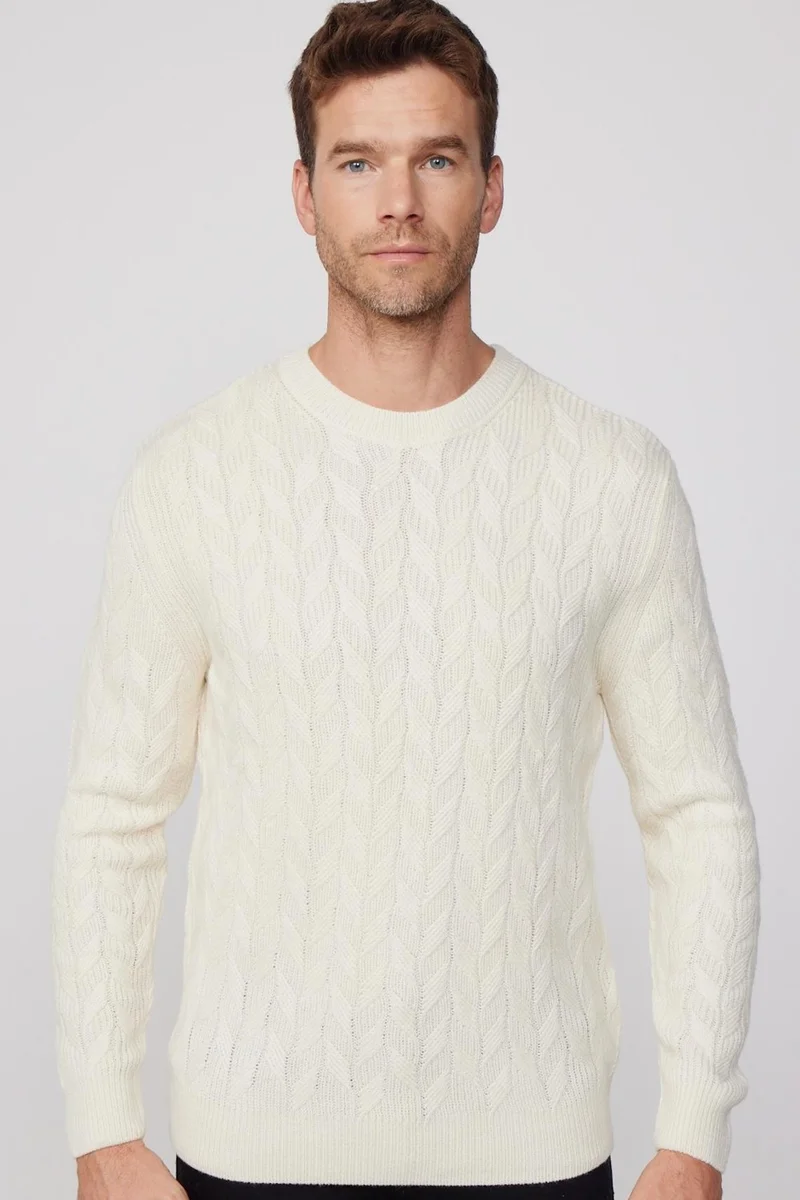 تودورس Slim Fit Crew Neck Patterned Ecru Men's Knitwear Sweater