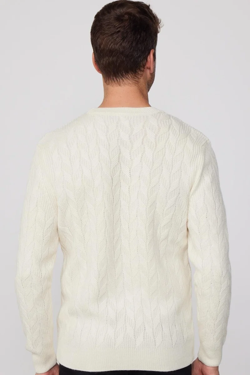 تودورس Slim Fit Crew Neck Patterned Ecru Men's Knitwear Sweater