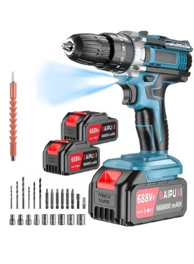 Cordless Drill Set with 2 Battery and LED Light 2 Variable Speed Power Drill Kit Variable Speed 25+1 Torque Settings and 24pcs Drill Bits Cordless Impact Hammer Drill Driver for Wood Cement Concrete Ceiling Brick Wall