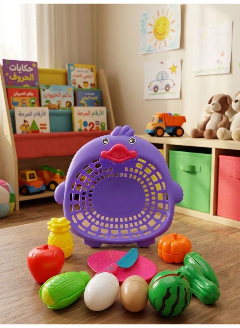 Duck-Shaped Toy Basket with Play Food Set - Image 1