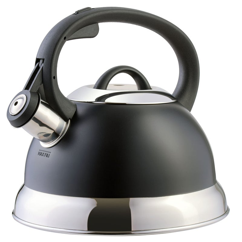 Mr. Coffee Flintshire 1.75-Quart Stainless Steel Whistling Tea Kettle with Nylon Handle â€“ Matte Black Stove-Top Kettle for Boiling Water - Image 1