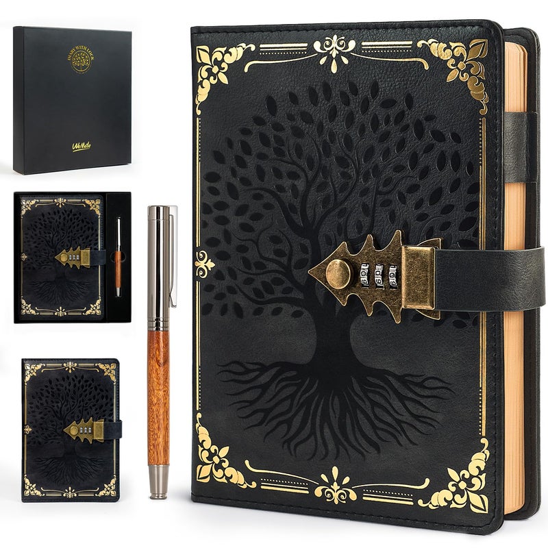 WEMATE Locked Journal with Pen & Gift Box, A5 260 Pages, Refillable, Hardcover Leather Password Notebook for Writing,Vintage Locking Diary for Women, Girls, Men, Students, 8.6 x 5.8 in, Black - Image 1