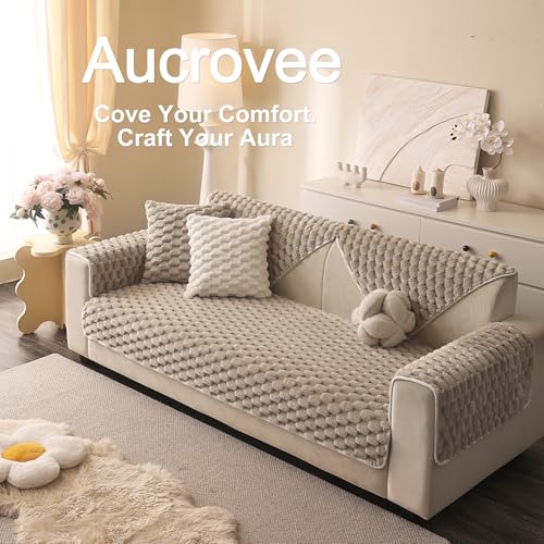 Aucrovee Soft Plush Faux Fur Couch Cover, Fluffy Non Slip Sectional Sofa Covers for 3 Cushion Couch, Furniture Protector Sofa Slipcover(1 PCS 36"x36" Khaki) - Image 3