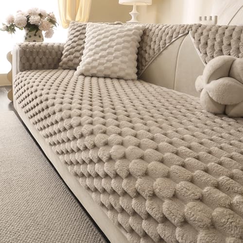Aucrovee Soft Plush Faux Fur Couch Cover, Fluffy Non Slip Sectional Sofa Covers for 3 Cushion Couch, Furniture Protector Sofa Slipcover(1 PCS 36"x36" Khaki) - Image 1