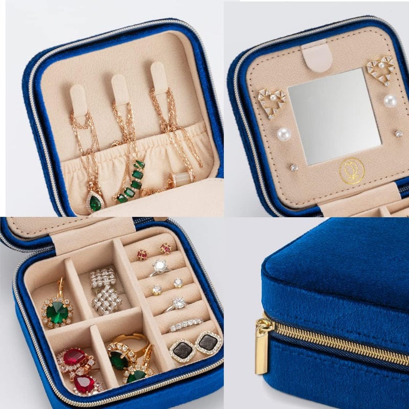 ZPROW Plush Velvet Travel Jewelry Case, Travel Jewelry Organizer, Jewelry Travel Case, Travel Jewelry Box, Small Jewelry Case, Jewelry Travel Box, Earring Organizer with Mirror - NavyBlue 4packs - Image 3