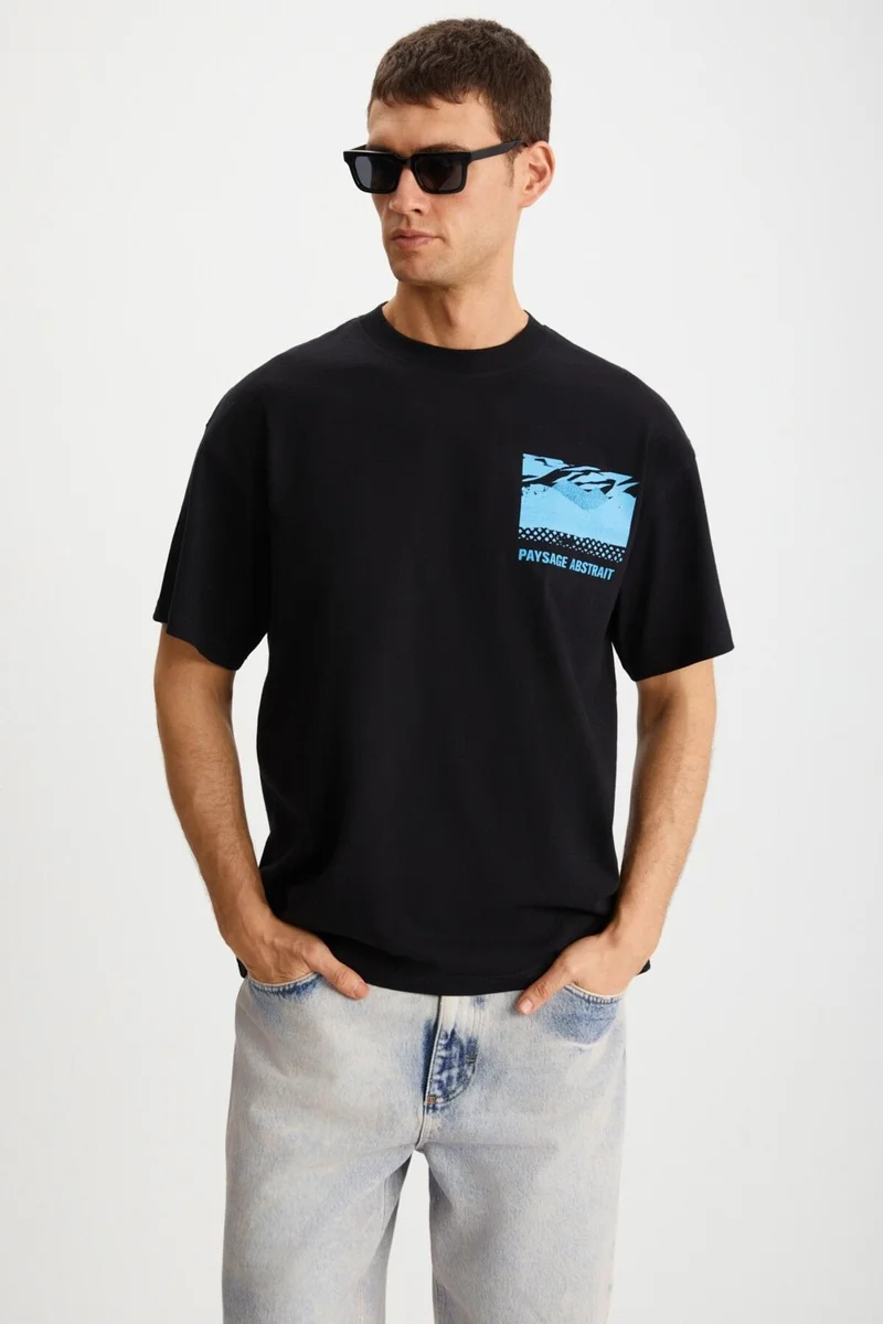 جريميلانج STUART Men's Oversize Fit 100% Cotton Thick Textured Printed Black T-Shirt