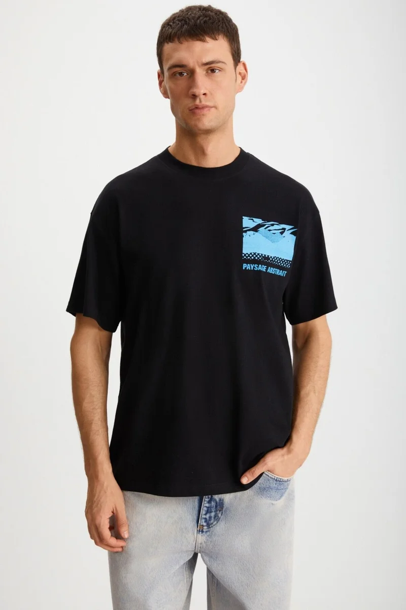 جريميلانج STUART Men's Oversize Fit 100% Cotton Thick Textured Printed Black T-Shirt