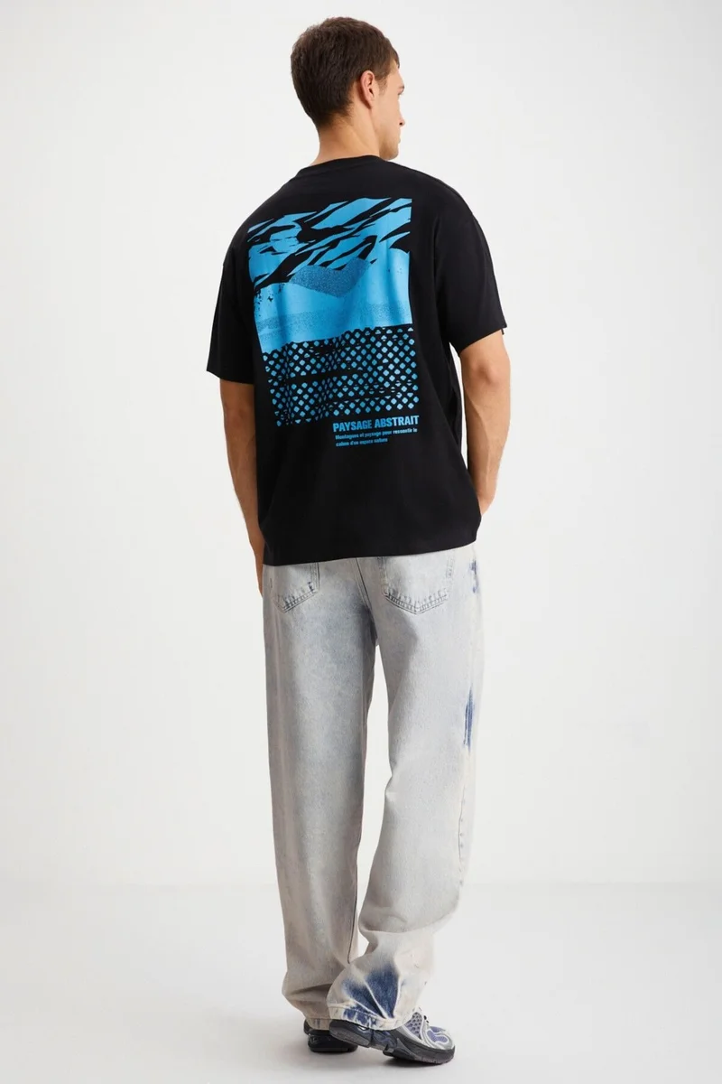 جريميلانج STUART Men's Oversize Fit 100% Cotton Thick Textured Printed Black T-Shirt