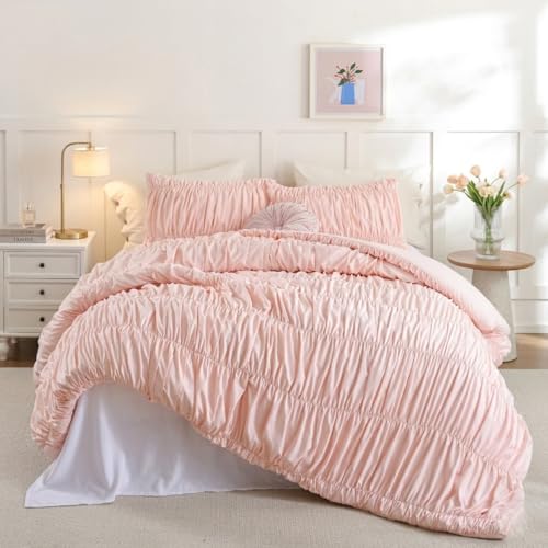 weigelia Cinched Comforter Set Queen - 3PCS Soft Cozy Blush Pink Queen Bedding Set with Decorative Ruched Design, Fluffy Lightweight All Season Cute Comforter for Elegant Home & Bedroom Decor - Image 1