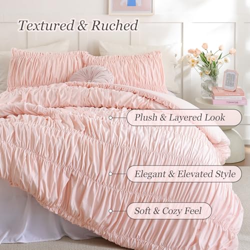 weigelia Cinched Comforter Set Queen - 3PCS Soft Cozy Blush Pink Queen Bedding Set with Decorative Ruched Design, Fluffy Lightweight All Season Cute Comforter for Elegant Home & Bedroom Decor - Image 2