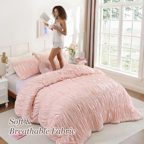 weigelia Cinched Comforter Set Queen - 3PCS Soft Cozy Blush Pink Queen Bedding Set with Decorative Ruched Design, Fluffy Lightweight All Season Cute Comforter for Elegant Home & Bedroom Decor - Image 3
