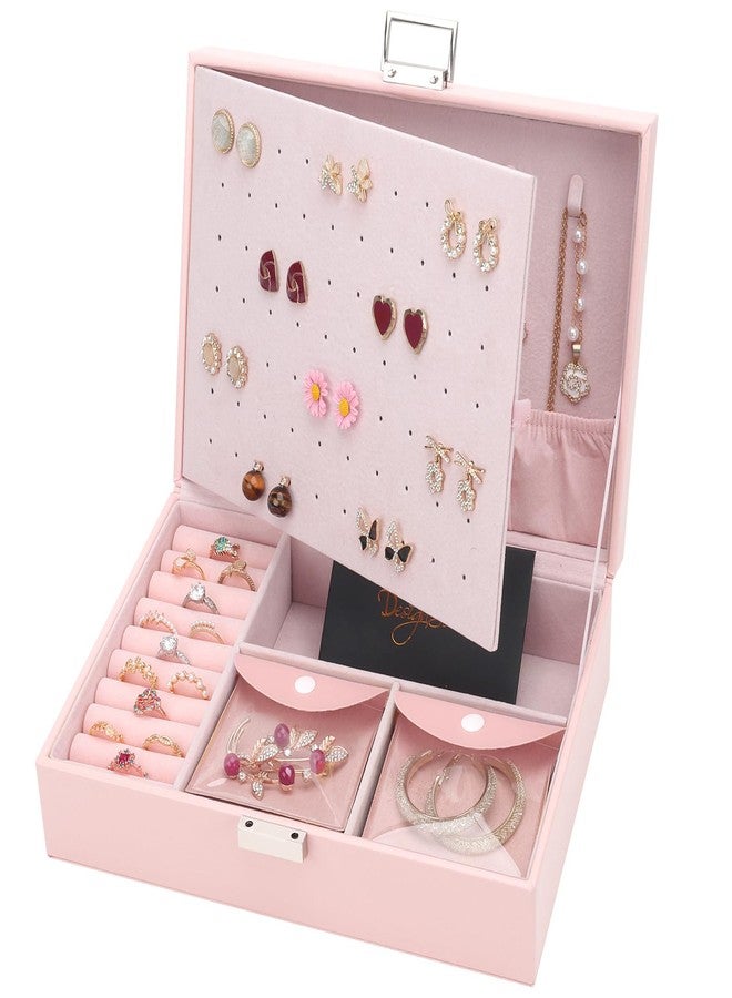 DesignSter Jewelry Box for Woman, 2 Layers Leather Jewelry Organizers and Storage with 8 Small Jewelry Pockets，Jewelry Box for Earrings Necklaces Bracelets with Cleaning Cloth Rings(Pink) - Image 1