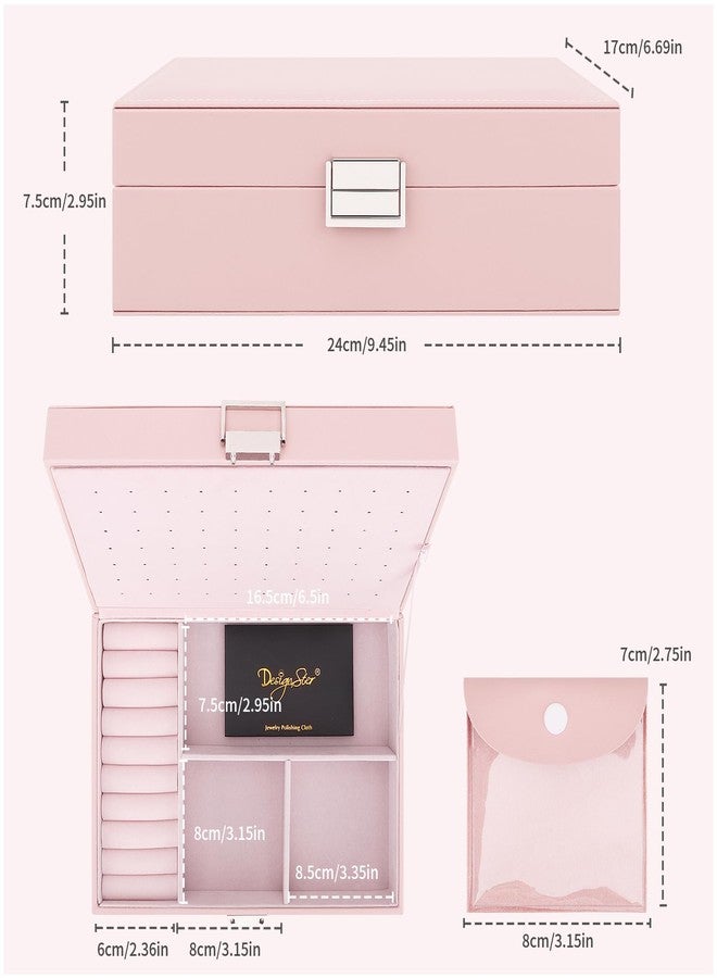 DesignSter Jewelry Box for Woman, 2 Layers Leather Jewelry Organizers and Storage with 8 Small Jewelry Pockets，Jewelry Box for Earrings Necklaces Bracelets with Cleaning Cloth Rings(Pink) - Image 3
