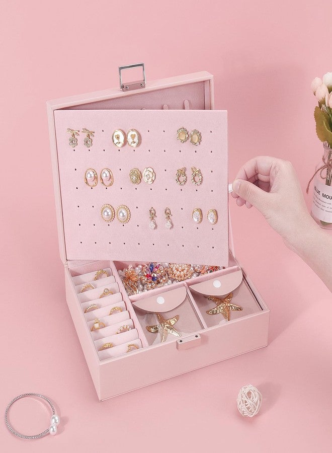 DesignSter Jewelry Box for Woman, 2 Layers Leather Jewelry Organizers and Storage with 8 Small Jewelry Pockets，Jewelry Box for Earrings Necklaces Bracelets with Cleaning Cloth Rings(Pink) - Image 2
