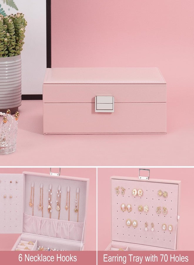 DesignSter Jewelry Box for Woman, 2 Layers Leather Jewelry Organizers and Storage with 8 Small Jewelry Pockets，Jewelry Box for Earrings Necklaces Bracelets with Cleaning Cloth Rings(Pink) - Image 4